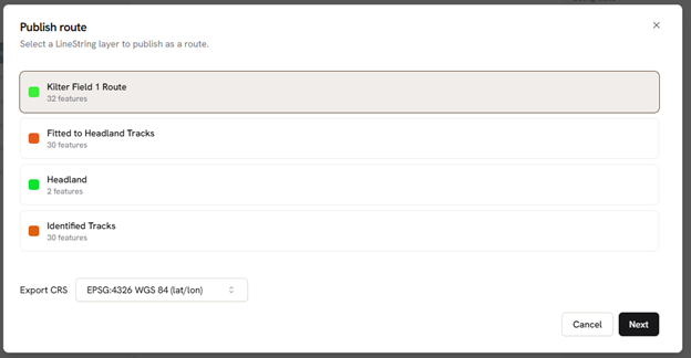 Selecting the route to publish